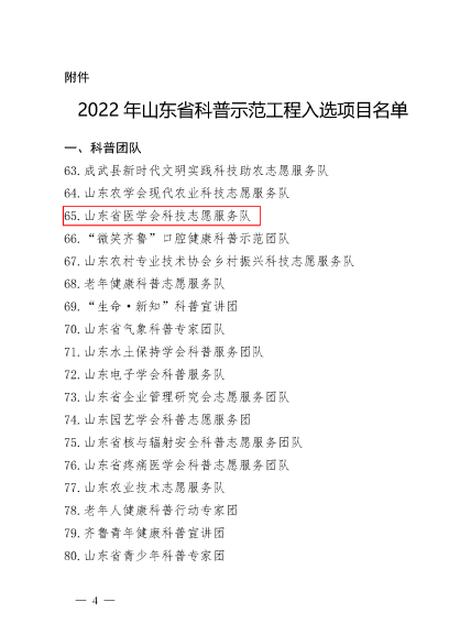 ​山东省医学会科技志愿服务队入选2022年度山东省科普示范工程项目