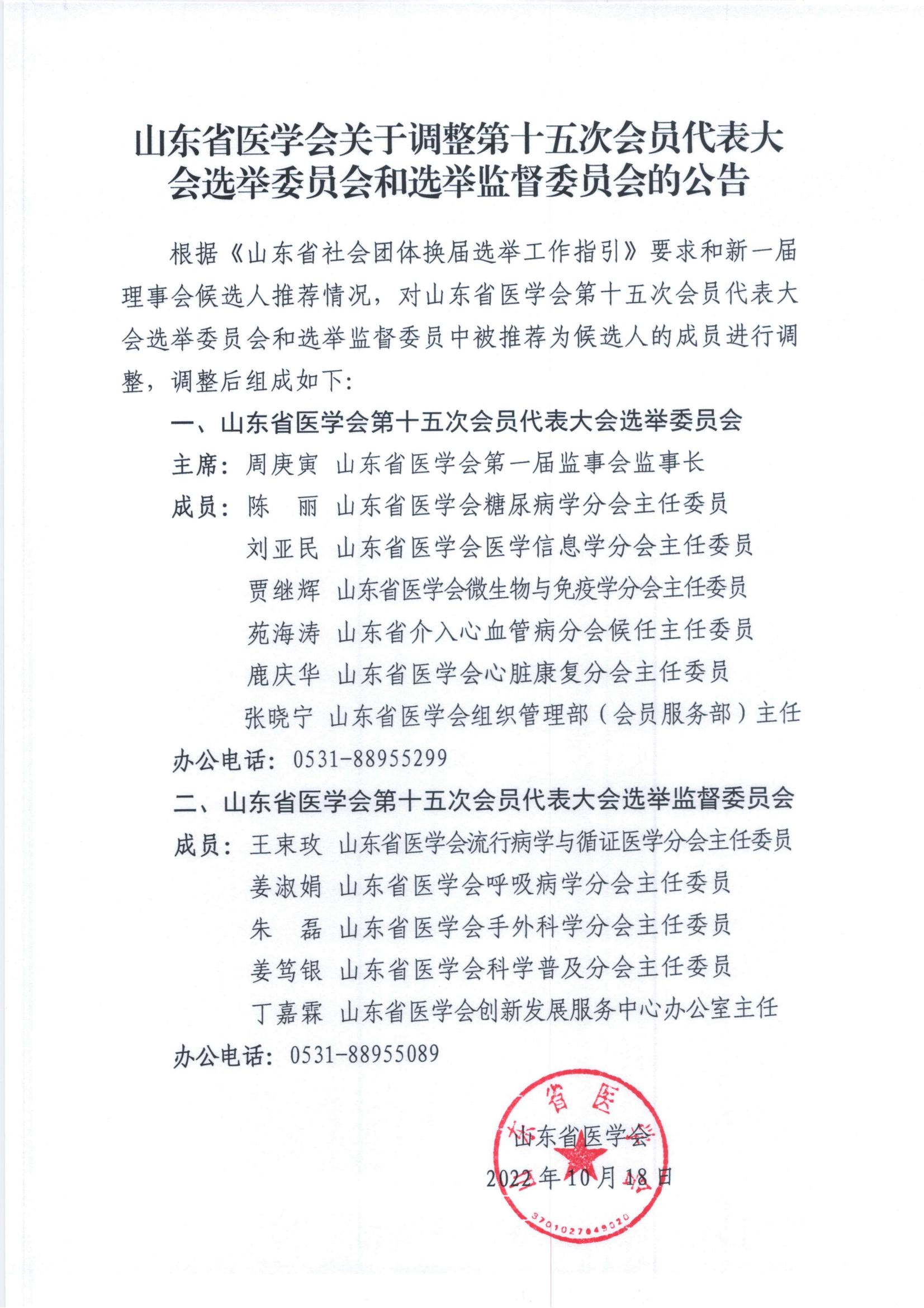 山东省医学会关于调整第十五次会员代表大会选举委员会和选举监督委员会的公告