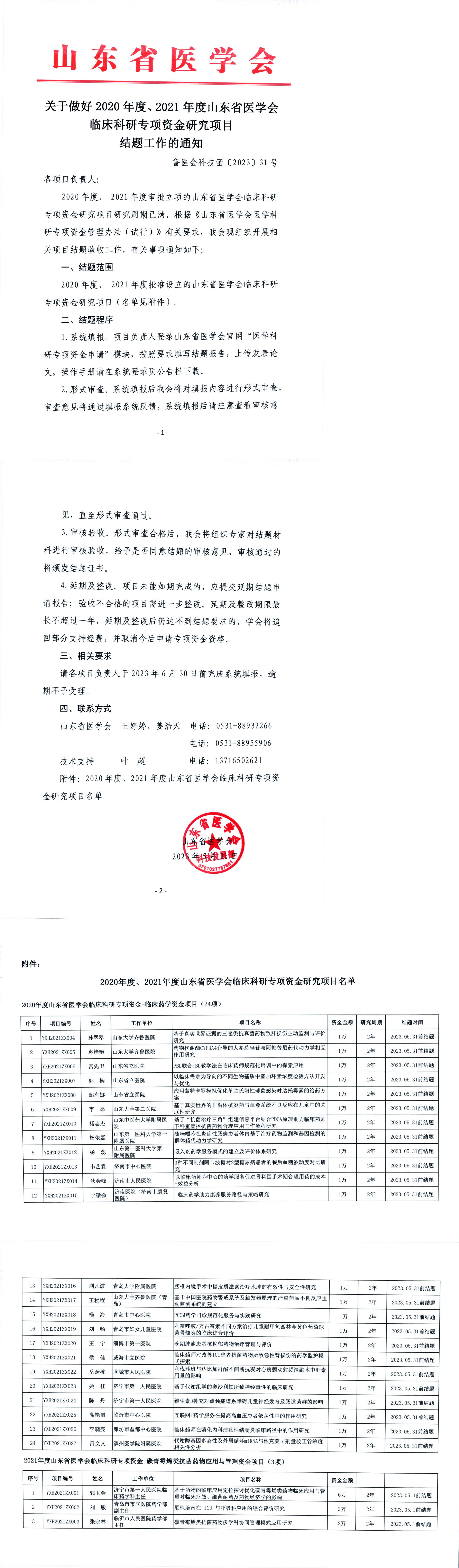 关于做好2020年度、2021年度山东省医学会临床科研专项资金研究项目结题工作的通知